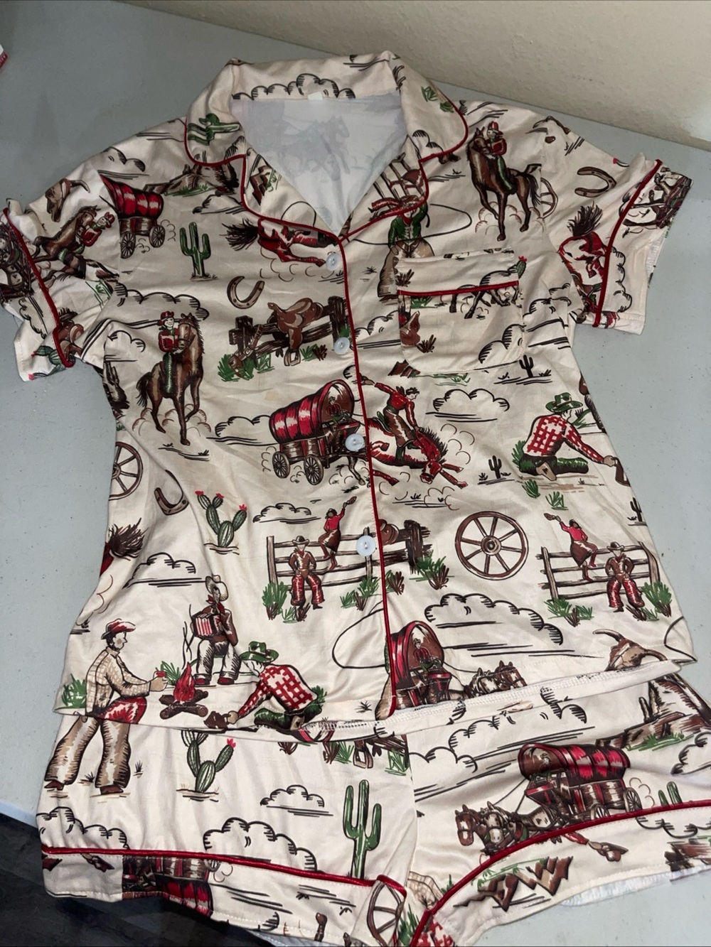 Cream Western Print Short Pajama Set with Red Piping - Women